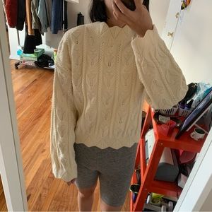 Cider cream mockneck sweater with scalloped edges